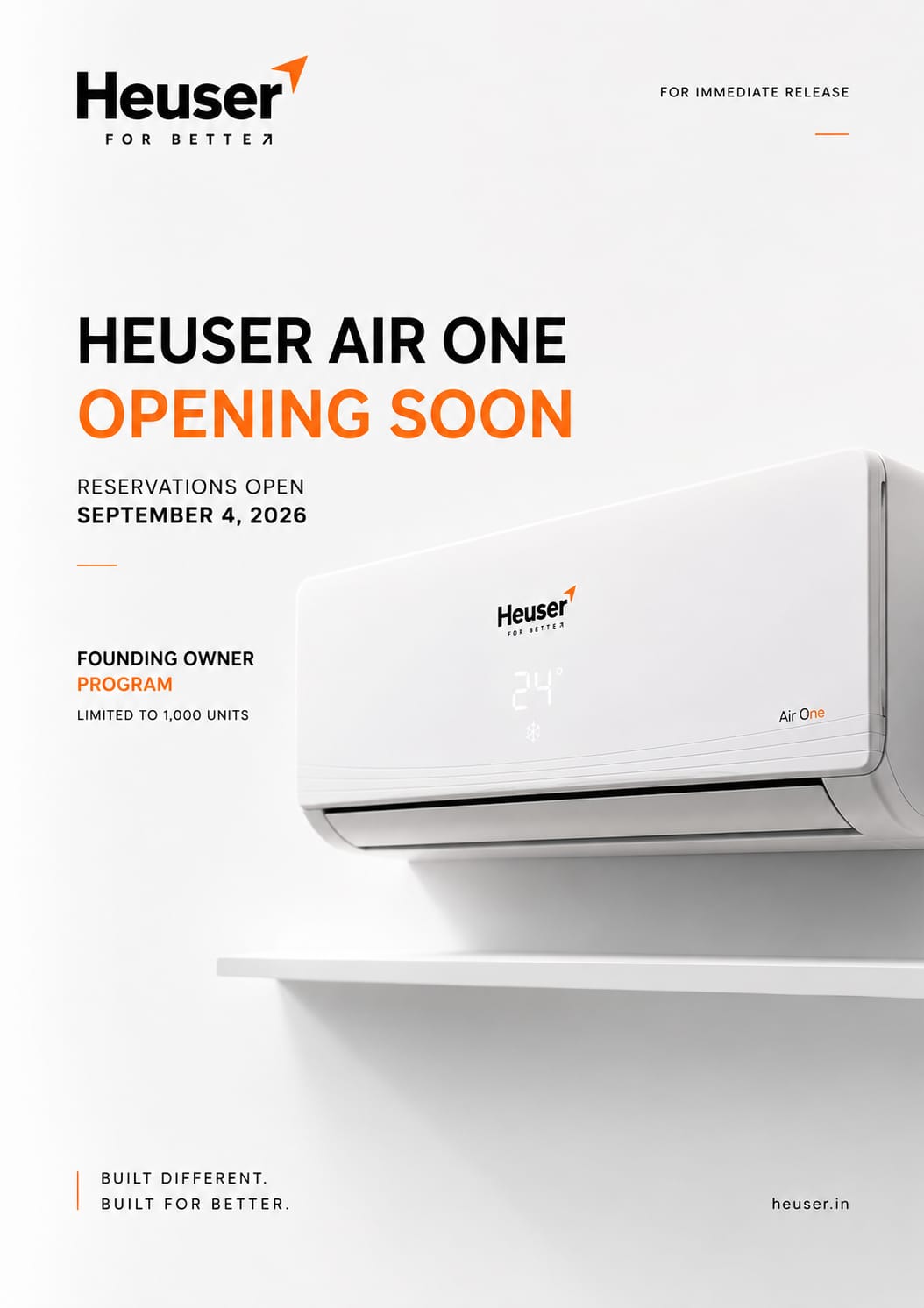 Heuser Air One Founding Owner Reservations Open September 4 — India's First 7-Year Zero-Repair-Bill Air Conditioner Launches in Noida