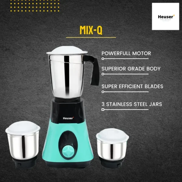 Heuser For Better Ii 500 Watt Mix-Q Mixer Grinder With Powertron Motor & Motor Vent-x Technology (3 Stainless Steel Jars, White)