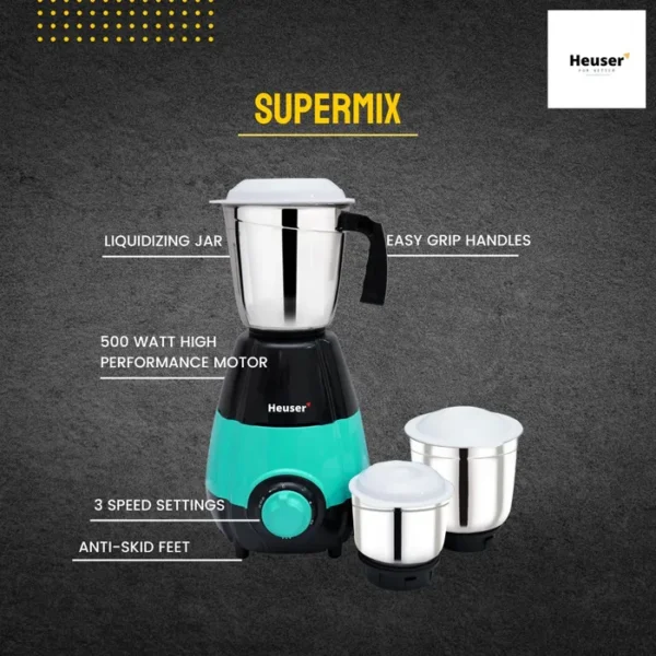 Heuser Ii 750 Watt Mixer Grinder With Powertron Motor & Motor Vent-x Technology (3 Stainless Steel Jars, Multicolor)